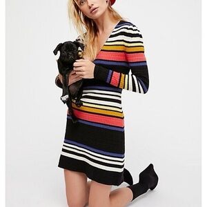 EUC Free People Gidget Knit Striped V-Neck Sweater Dress in Black Multi Size XS